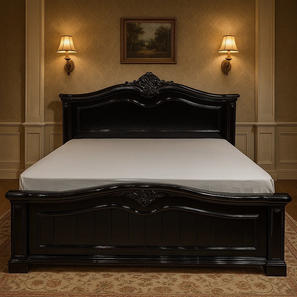 Black wooden bed with an ornate headboard and footboard