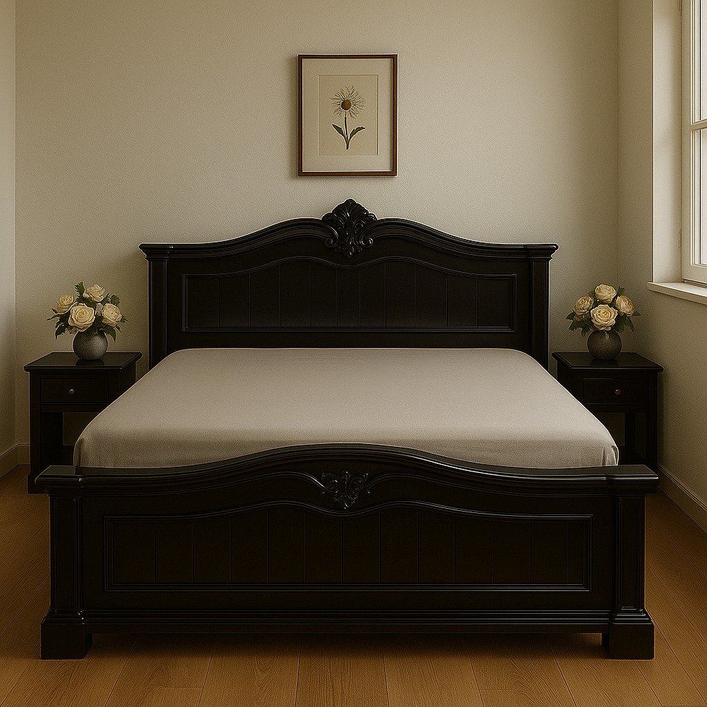 Black wooden bed with an ornate headboard and footboard image 2