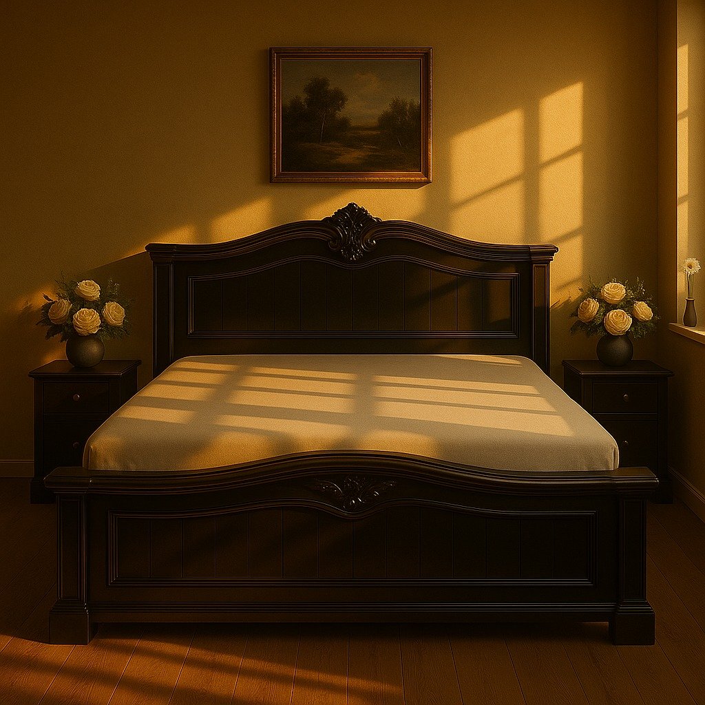 Black wooden bed with an ornate headboard and footboard image 3