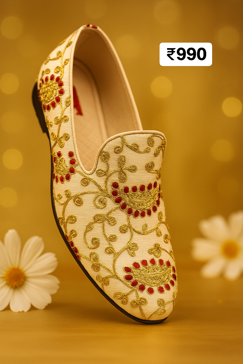 cream embroidered ethnic jutti with golden and red thread work shoe