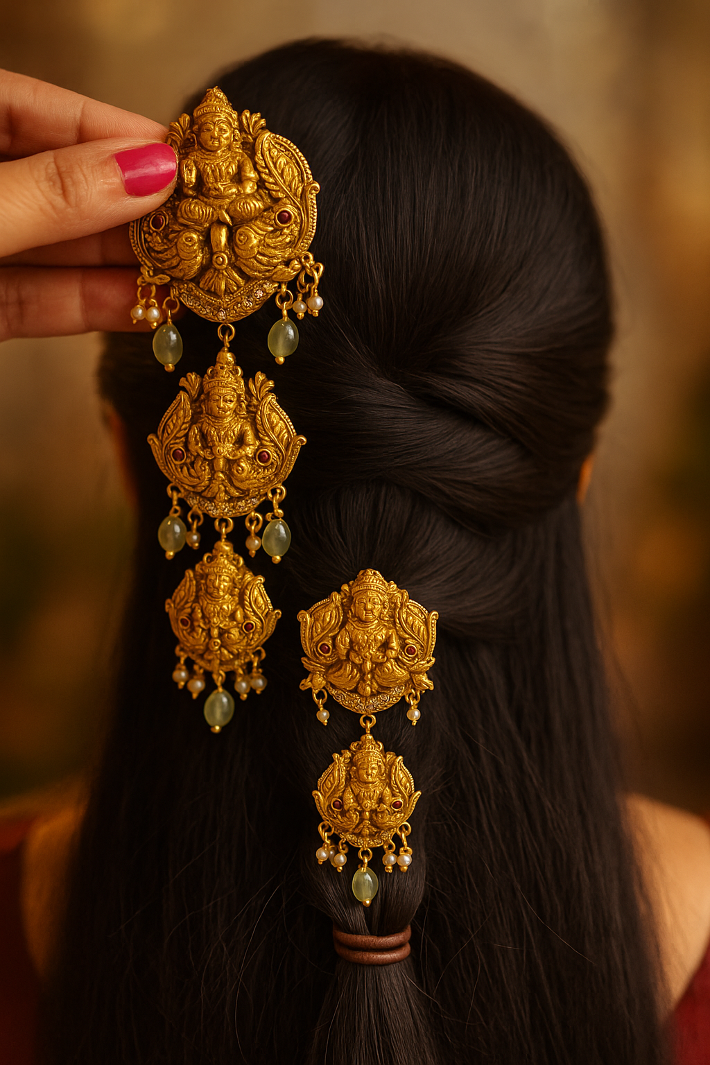 Temple Jada Billa with Green Bead Drops