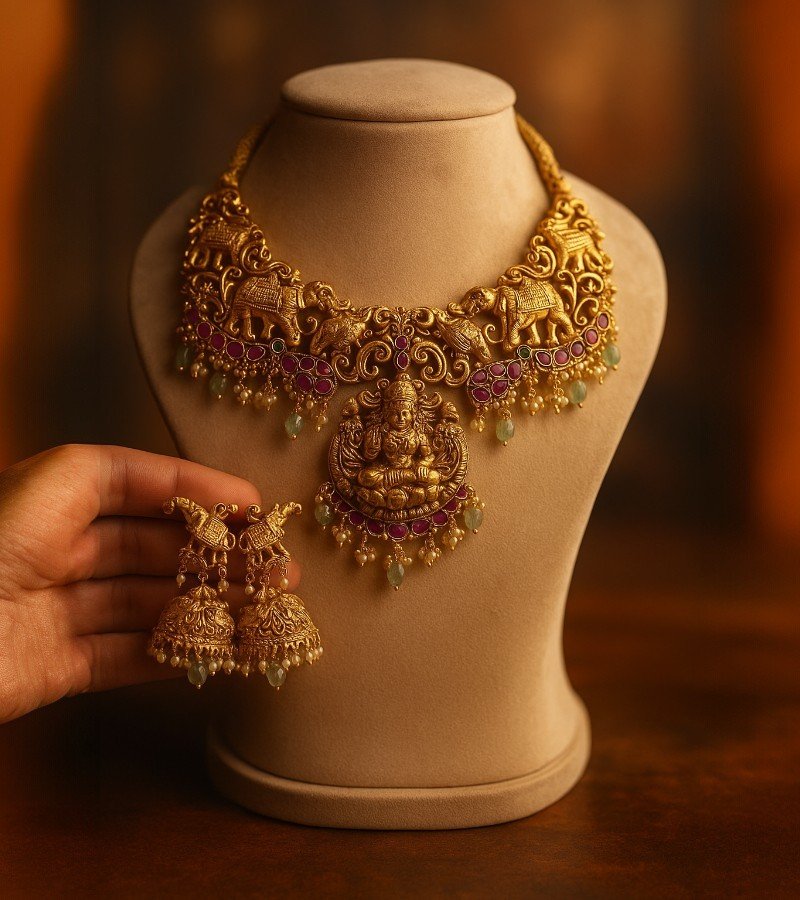 Temple Necklace with Kempu Stones -Pastel Green Beads