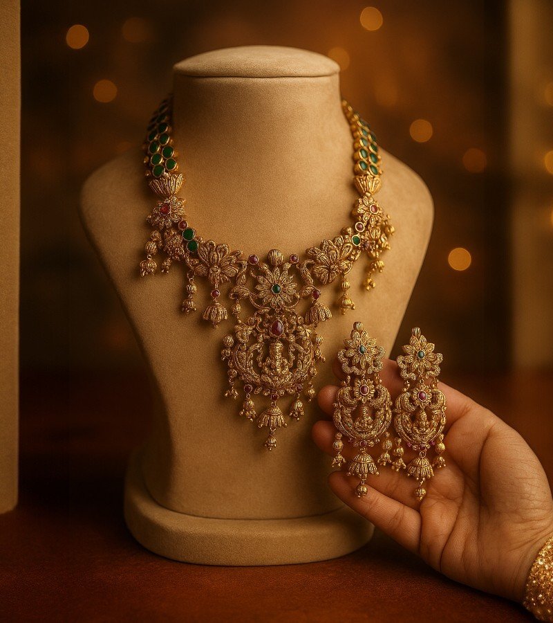 Floral Temple Necklace with Lakshmi Pendant