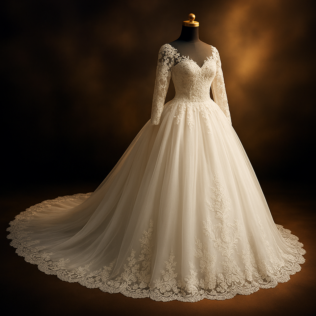 Premium long tail boat neck wedding Gown