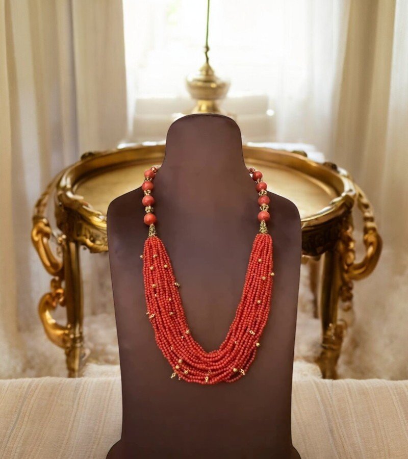 Coral Mala with Gold Nakshi Ball