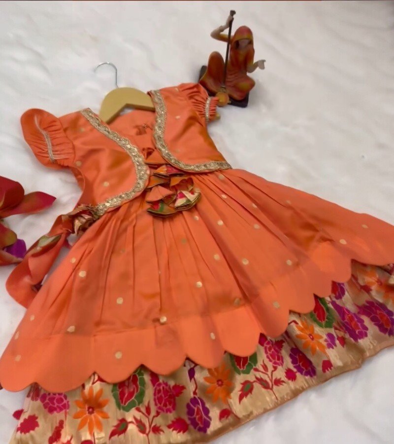 Meemora Frocks Orange Silk with Peacock Paithani Border Dress