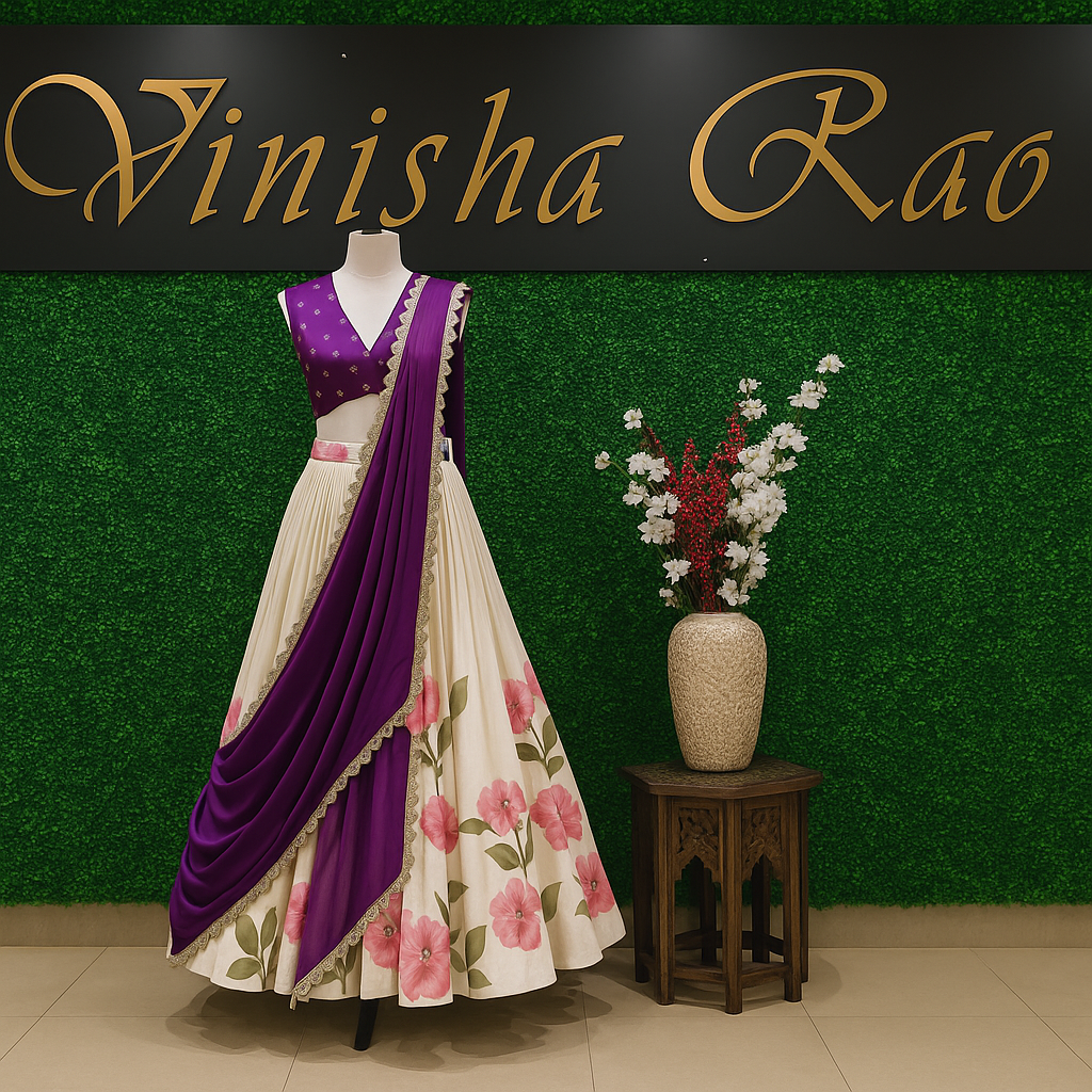 Cream and purple lehenga set