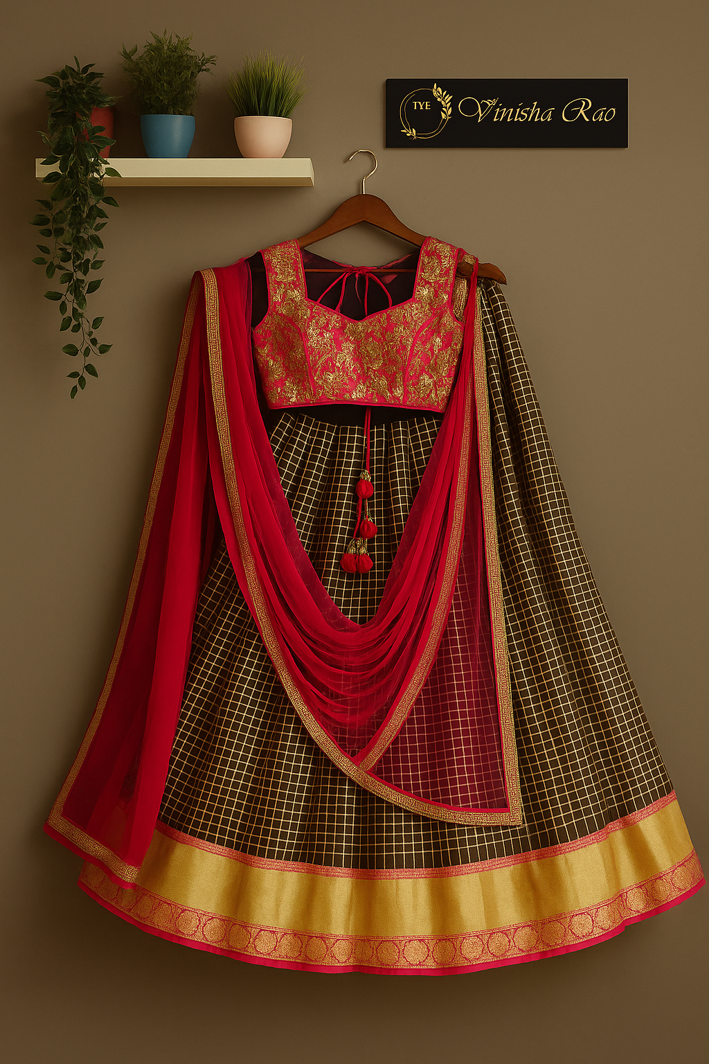 Zari Checks Banarasi Brown Colour Lehenga