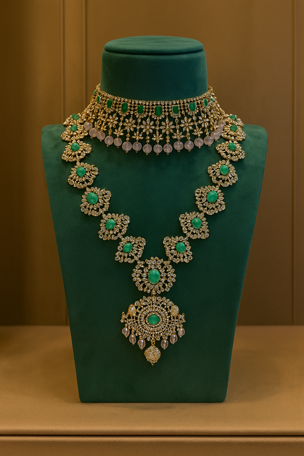 Green Emerald Premium Gold Plated Polki Kundan Necklace Set