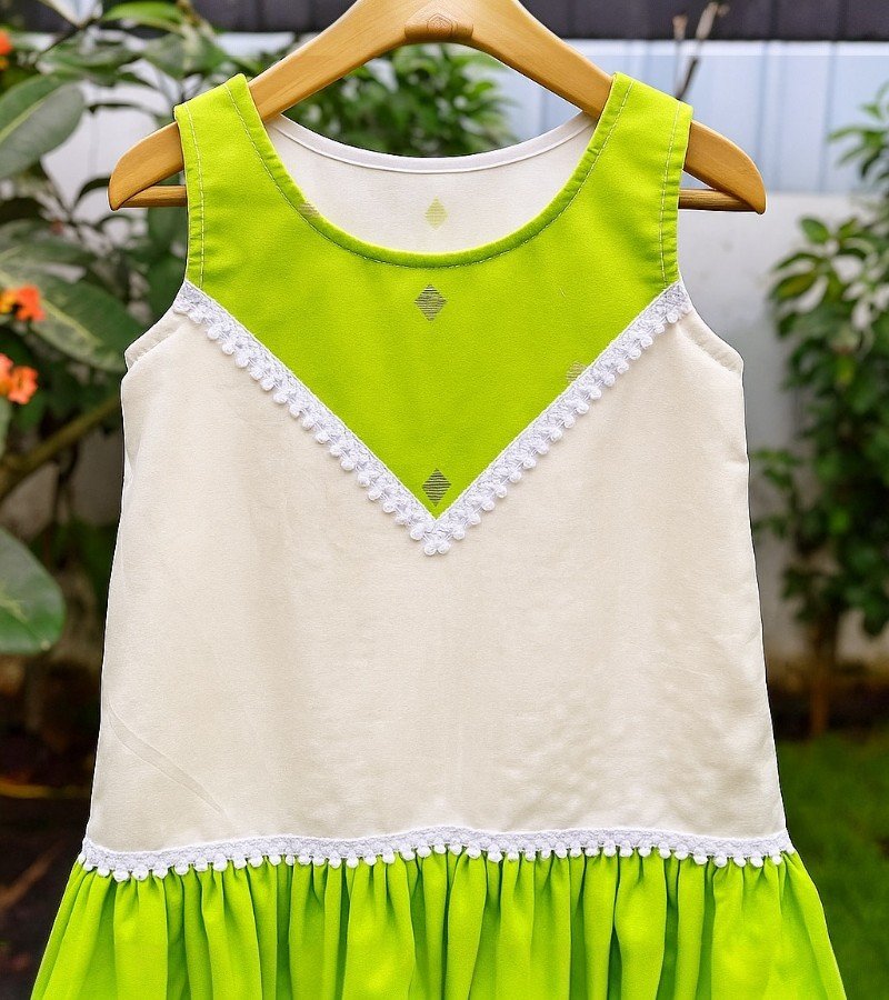 Cream and Parrot Green Sleeveless Dress image 2