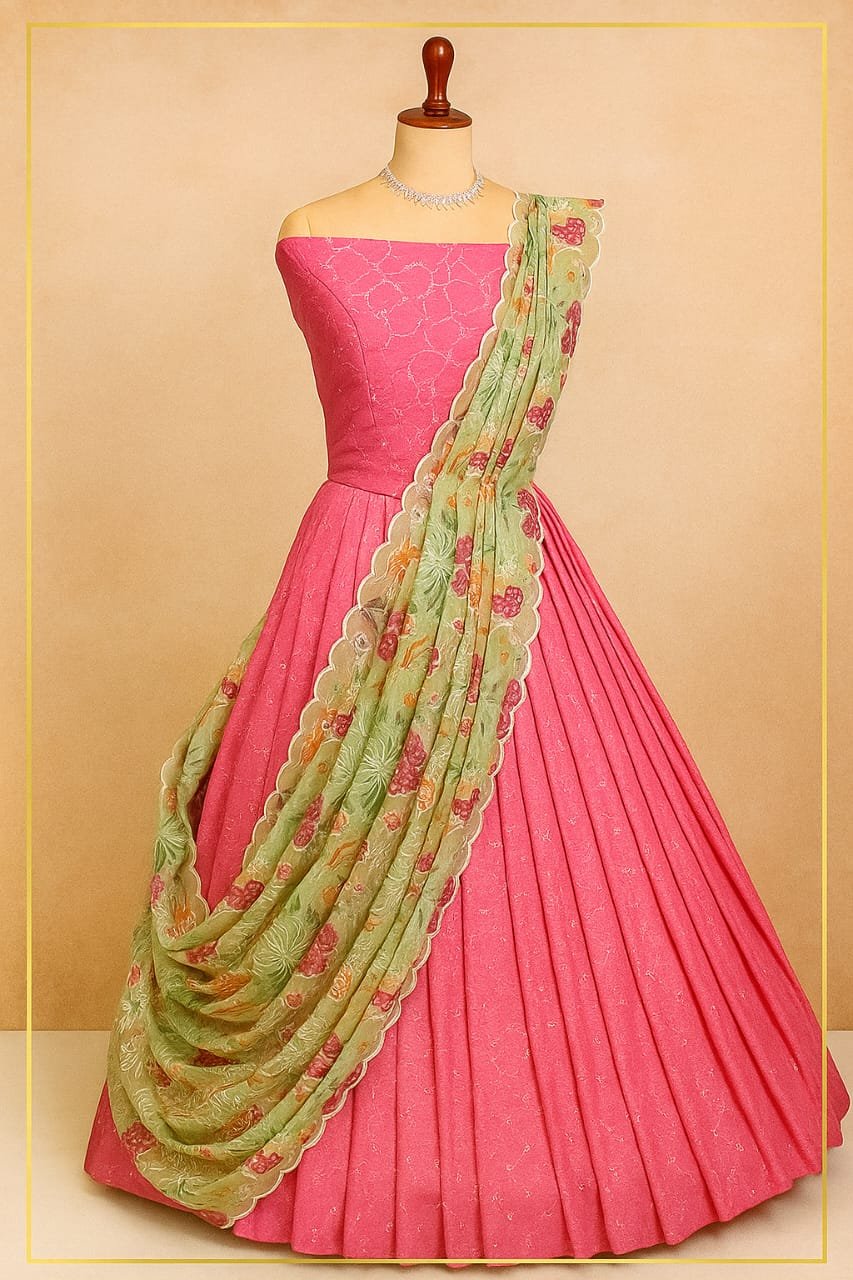 Pink Chinon Half Saree
