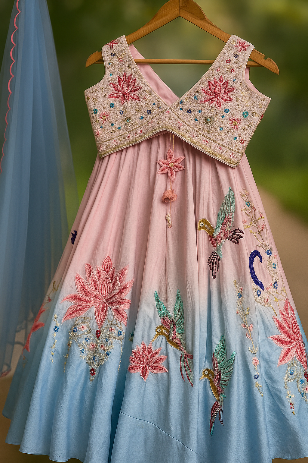 Pastel Pink &amp; Blue Embroidered Lehenga Set
