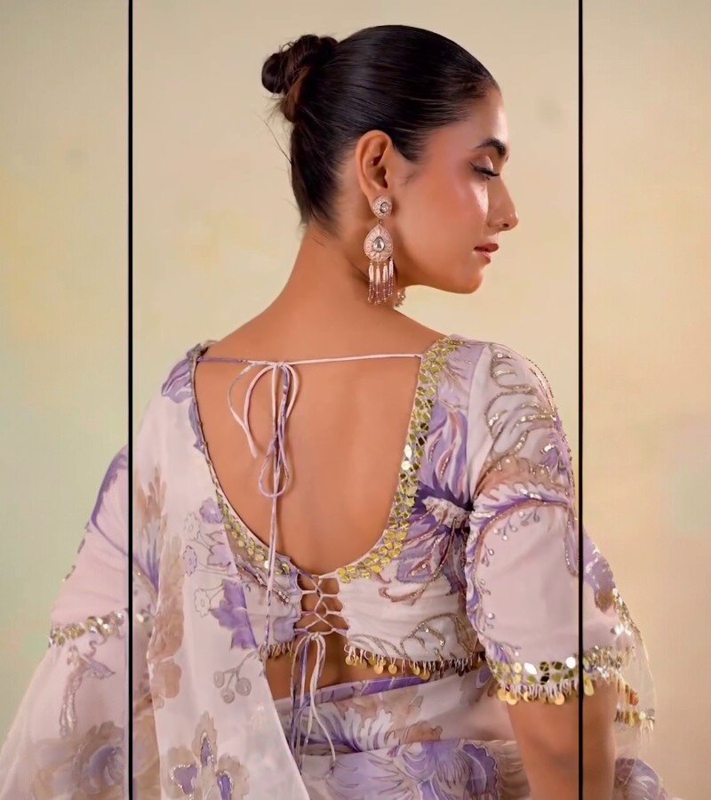 Floral Printed Organza Saree image 3