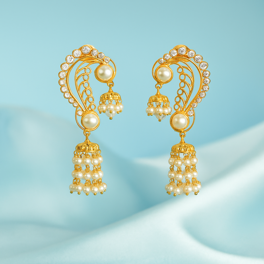 Curved Pearl & CZ Jhumka Earrings
