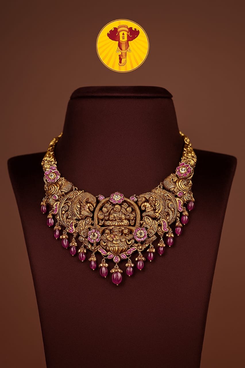Antique Temple Lakshmi Gold Necklace with Ruby Beads