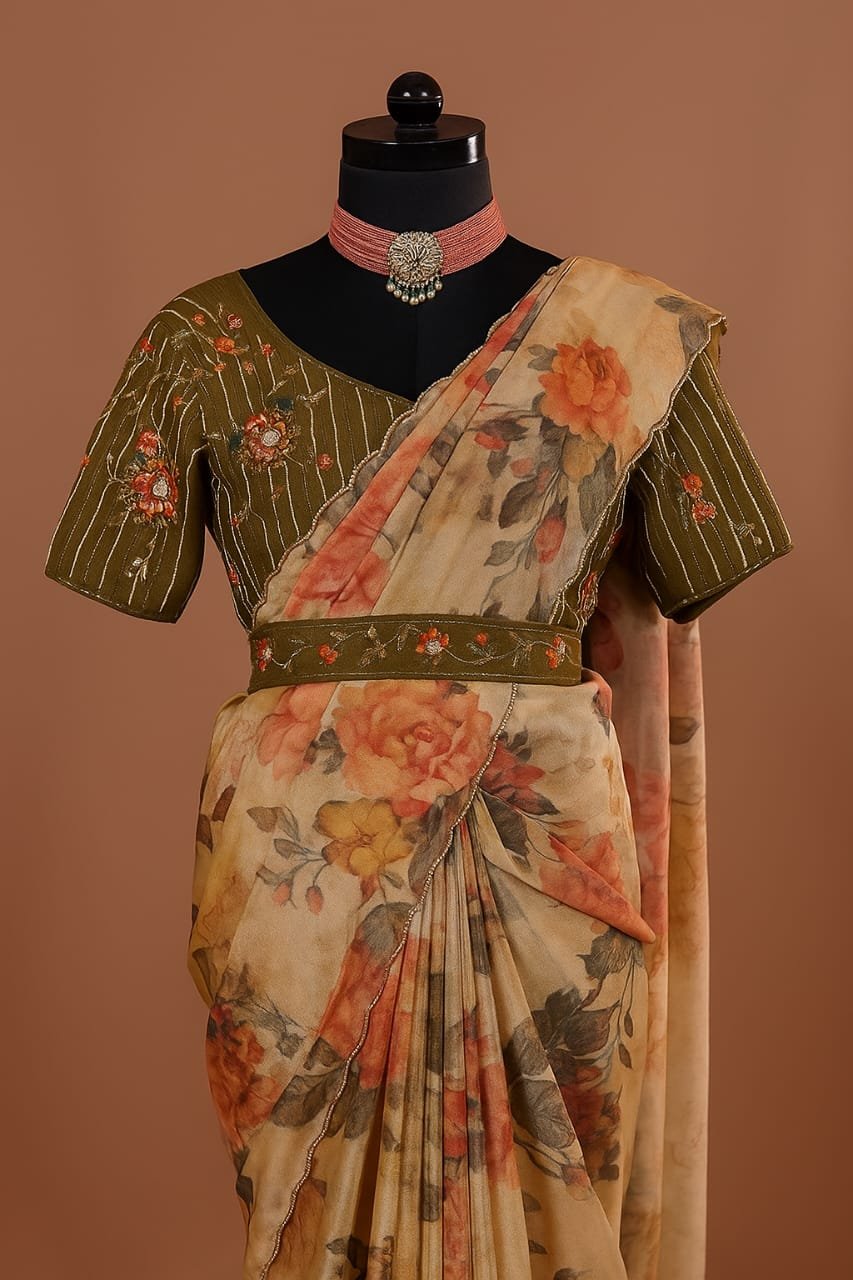 Sage Petal Georgette Floral Saree