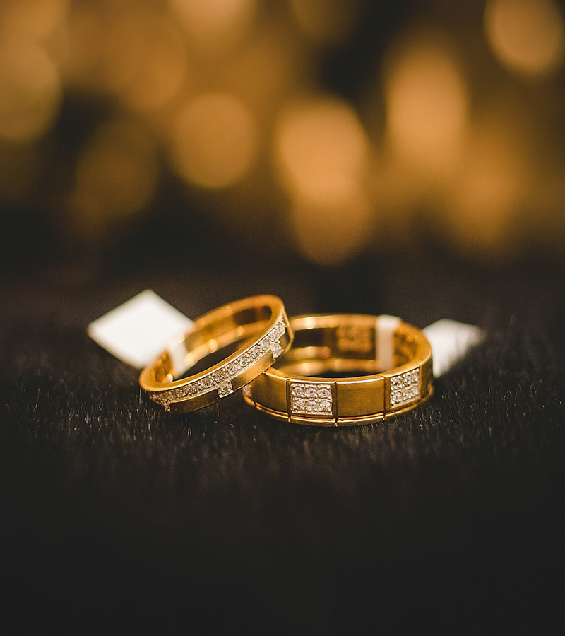 Elegant Dual Gold Couple Bands with Diamond Insets