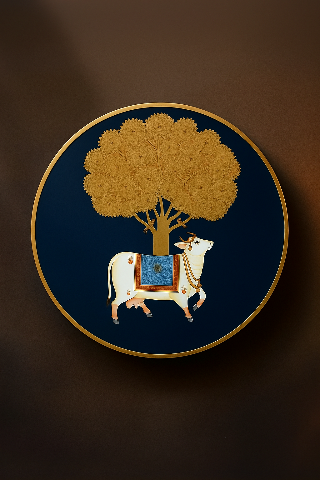 Divine Cow Under Kalpavriksha – Handpainted Wall Plate