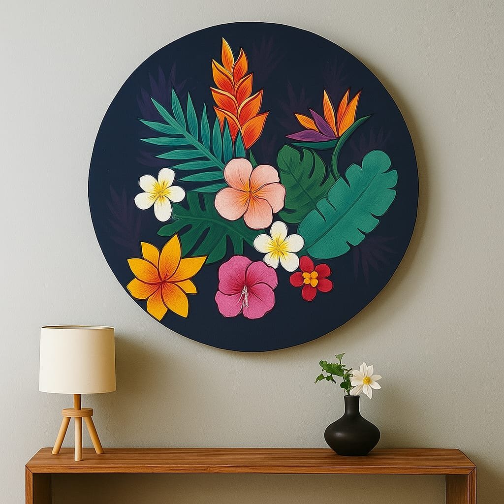 Tropical Floral HandPainted Round Wall Art
