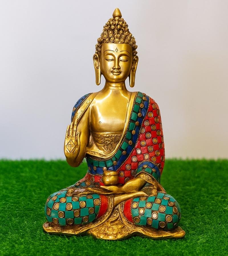 Decorative Brass Buddha Idol with Turquoise  Red Inlay
