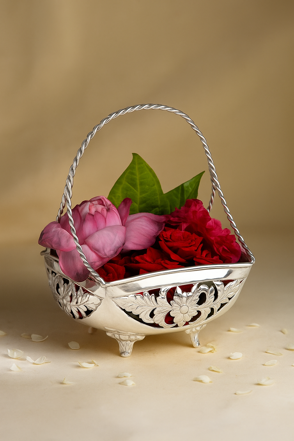 Elegant Floral Carved Silver Basket