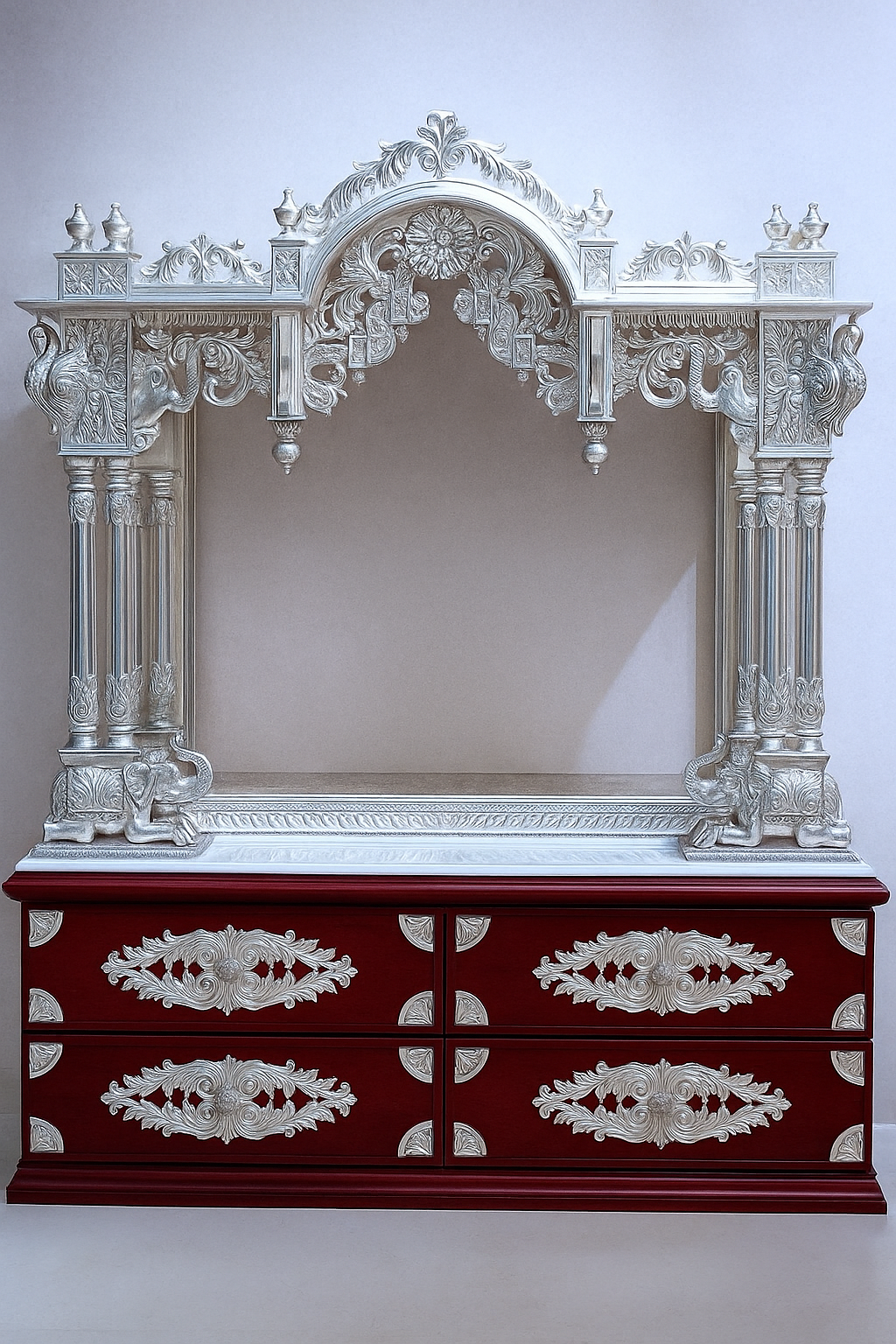 Regal Maharaja Silver-Plated Pooja Mandir with Wooden Base