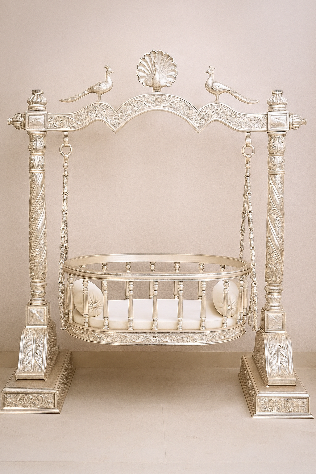 Royal Silver Baby Cradle Swing with Peacock Finials