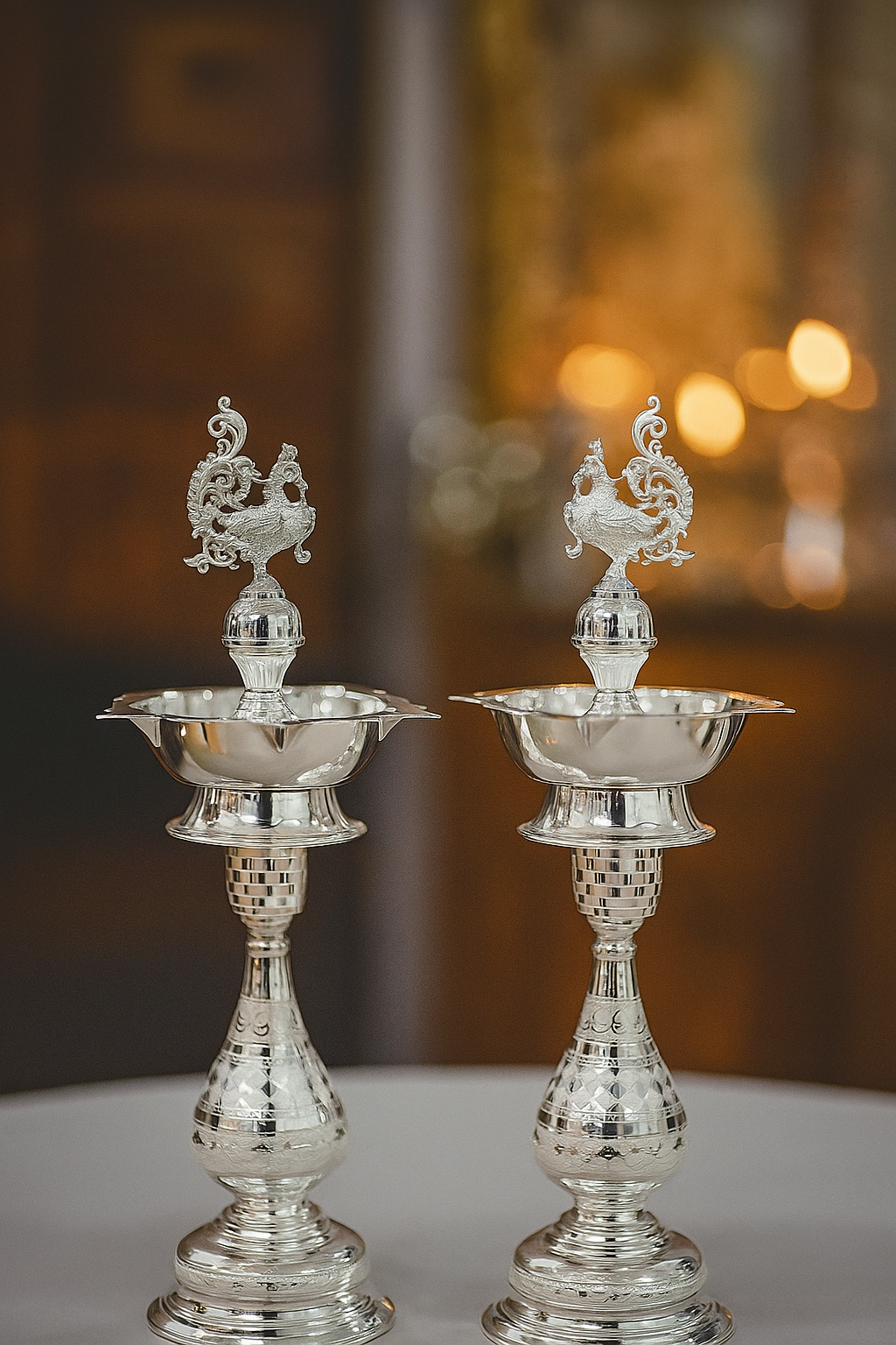 Divine Silver Peacock Deepam Pair