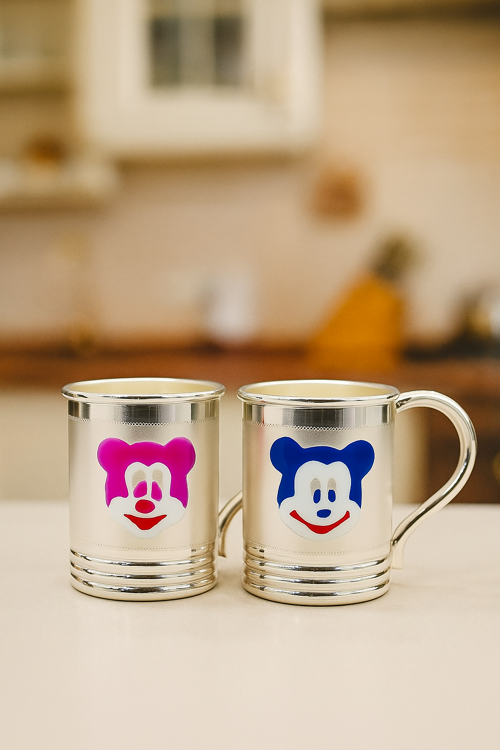 Silver Cartoon Face Kids Mug Set