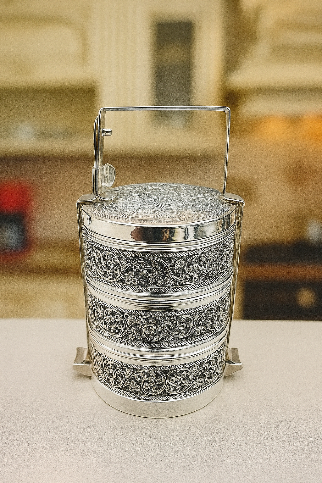 Royal Engraved Silver Tiffin Box (3-Tier)