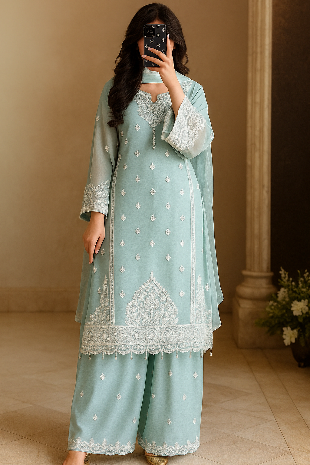 Sky Charm Embroidered Organza Suit