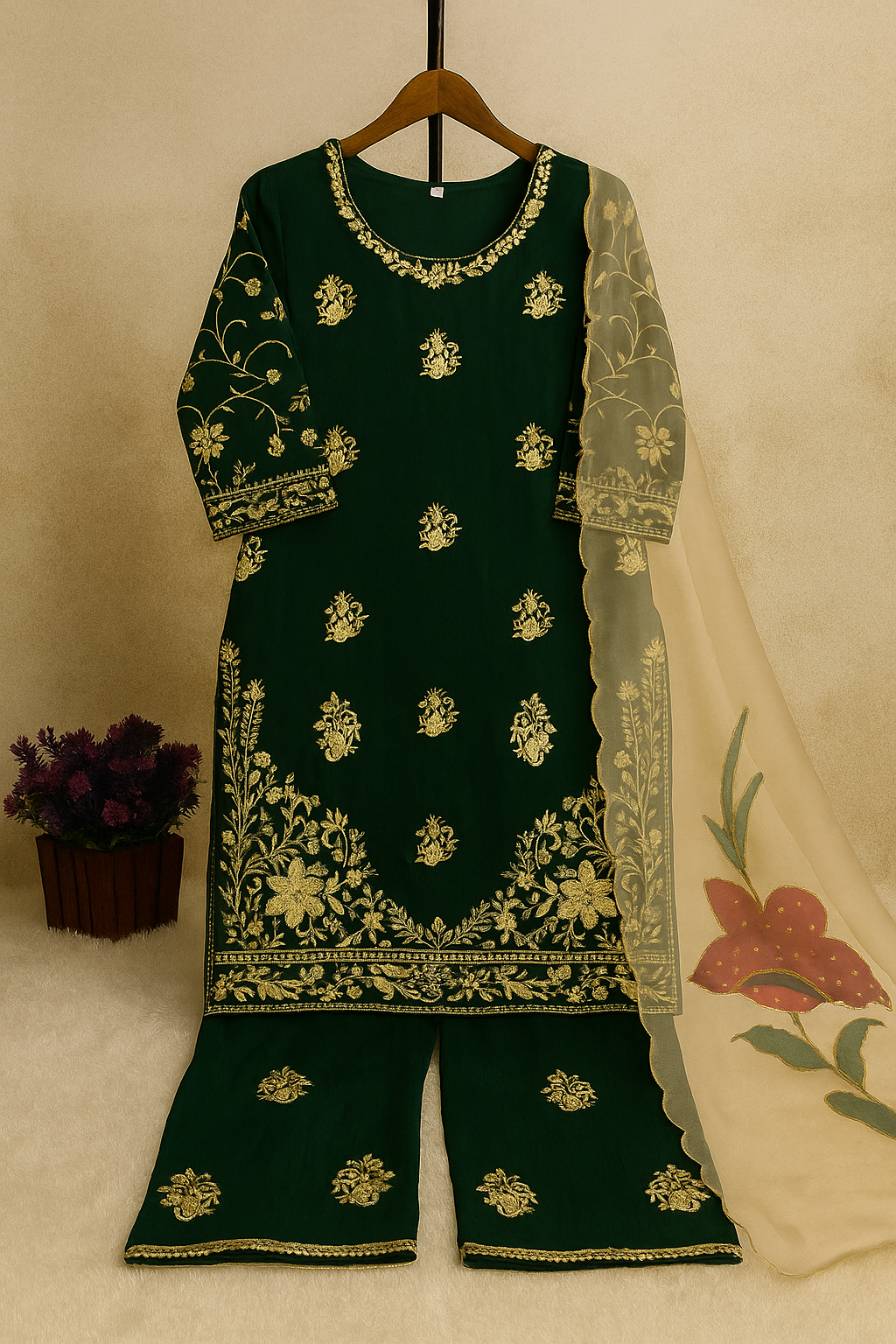 Emerald Blossom Embroidered Palazzo Set
