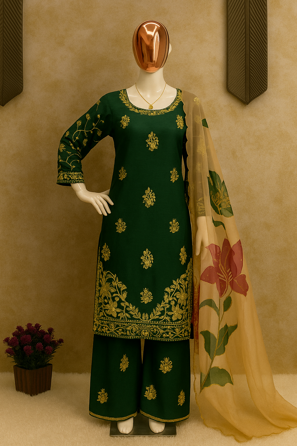 Emerald Blossom Embroidered Palazzo Set