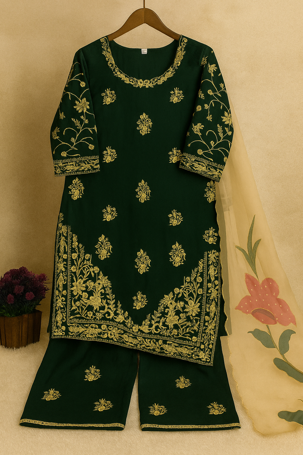 Emerald Blossom Embroidered Palazzo Set image 3