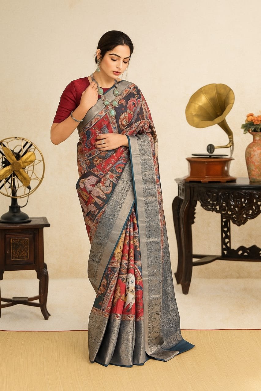 Mandir Kalamkari Art Silk Saree with Silver Border image 2