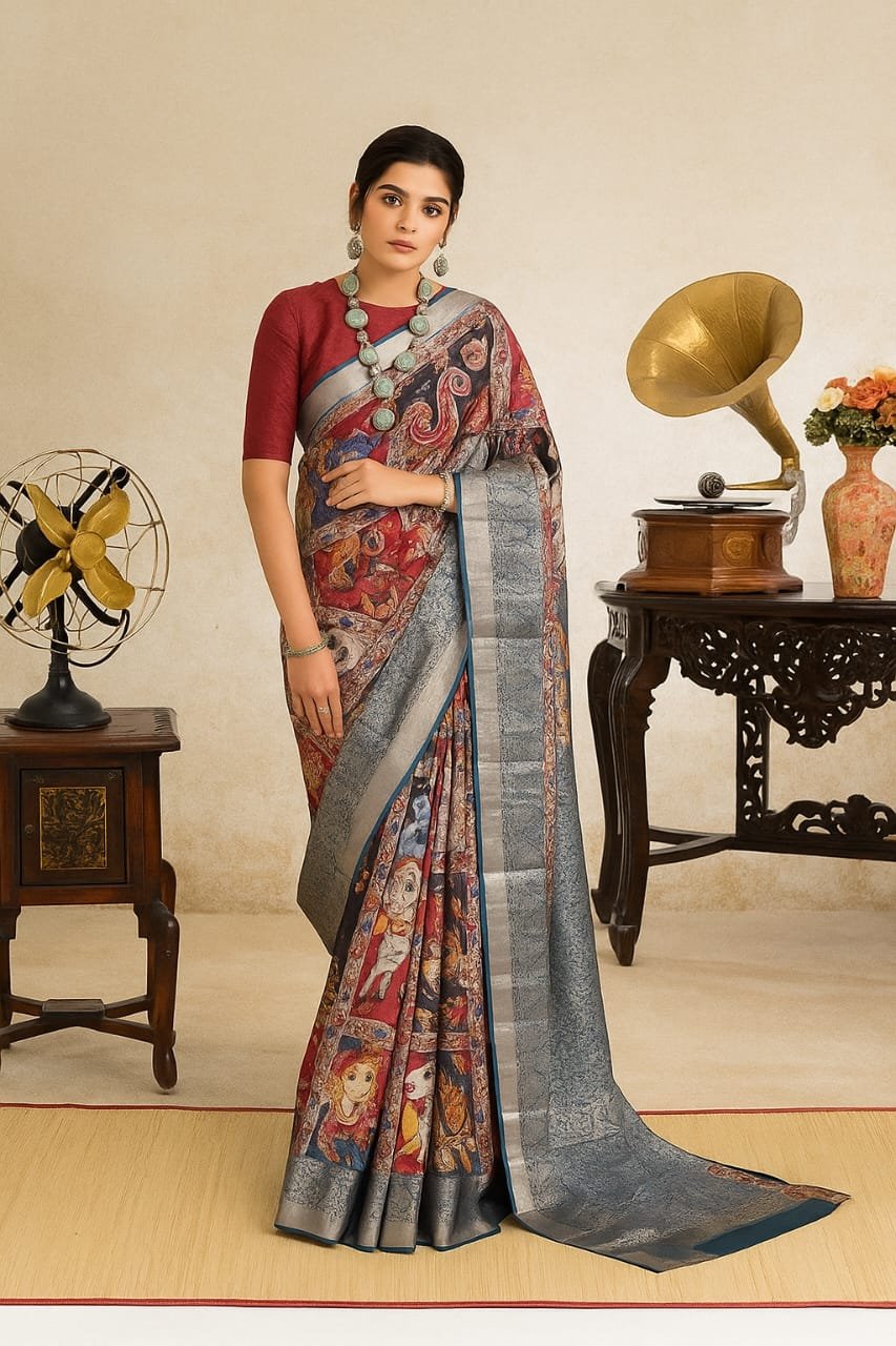 Mandir Kalamkari Art Silk Saree with Silver Border image 3