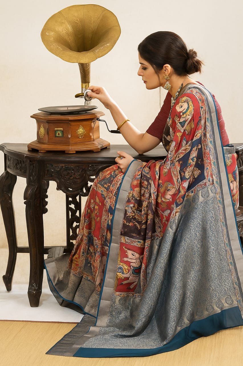 Mandir Kalamkari Art Silk Saree with Silver Border image 4