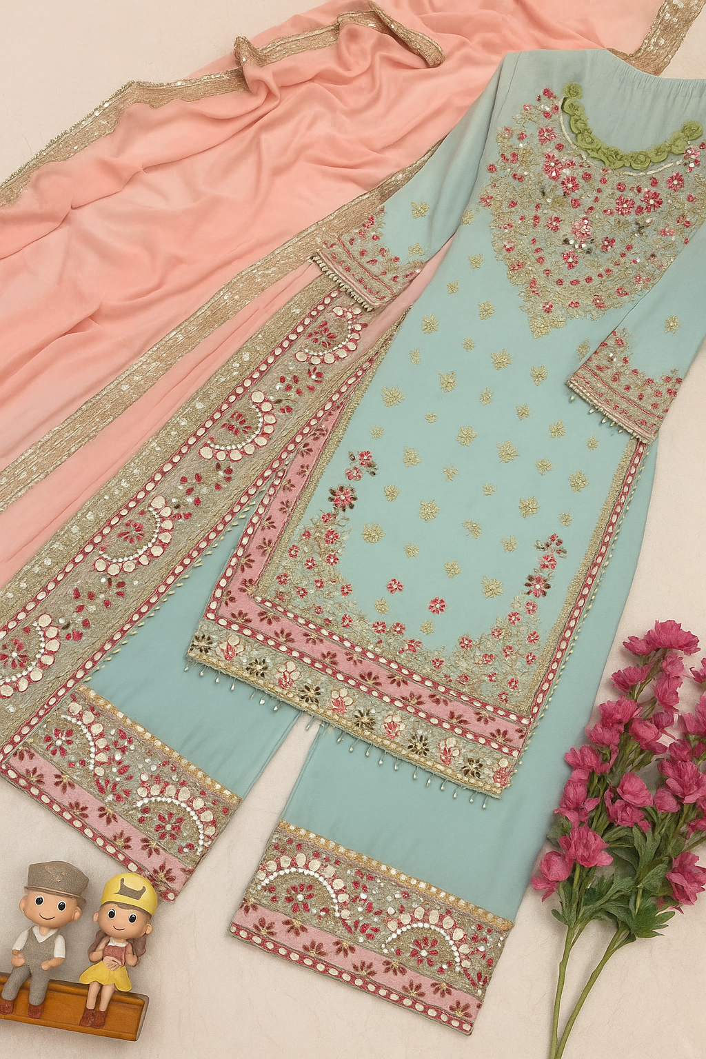 Gulnaz Sky Pink Embroidered Sharara Set
