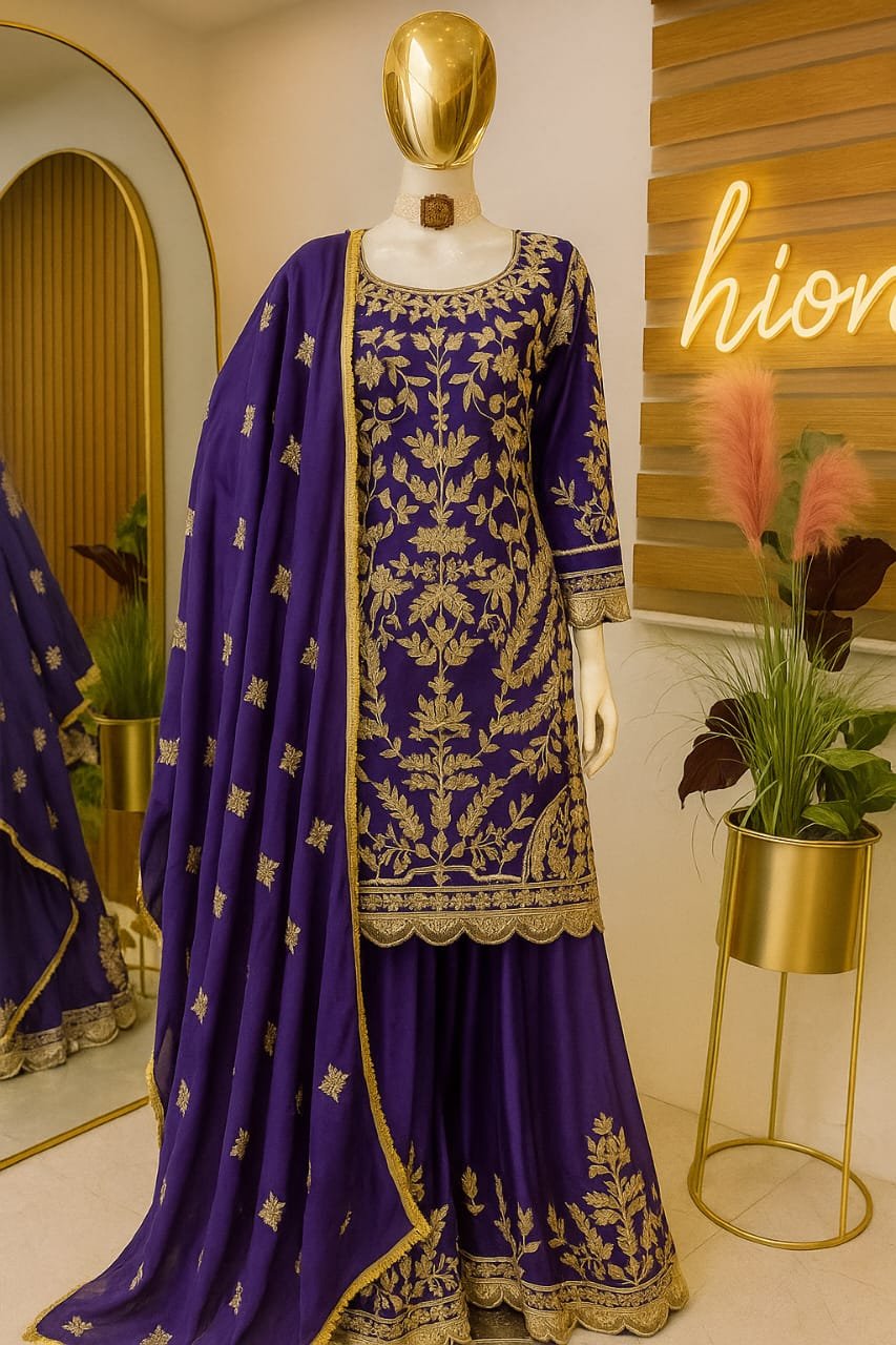 Regal Violet Zari Embroidered Sharara Set