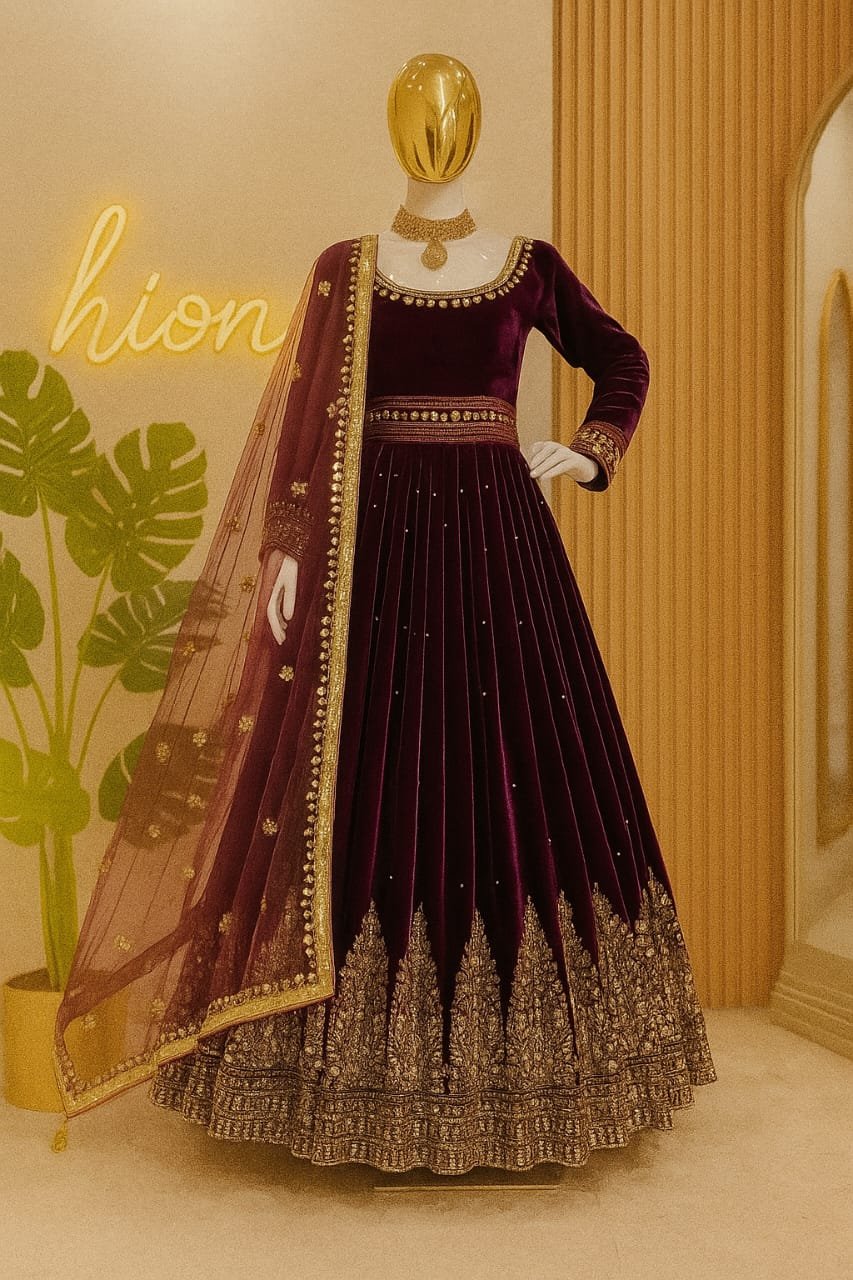 Royal Plum Velvet Embroidered Anarkali Gown