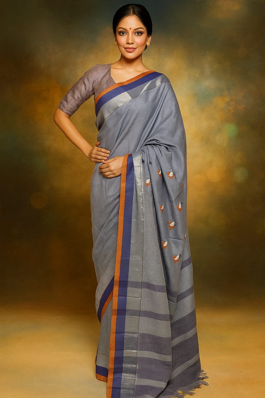 Elegant Grey Cotton Silk Saree with Embroidered Pallu