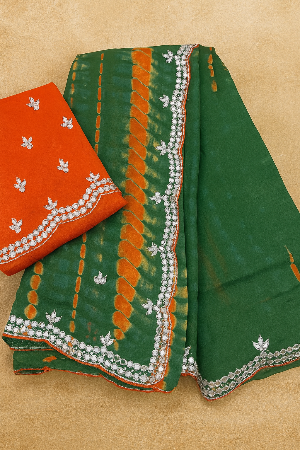 Vibrant Orange &amp;amp; Green Bandhej Mirror Work Saree