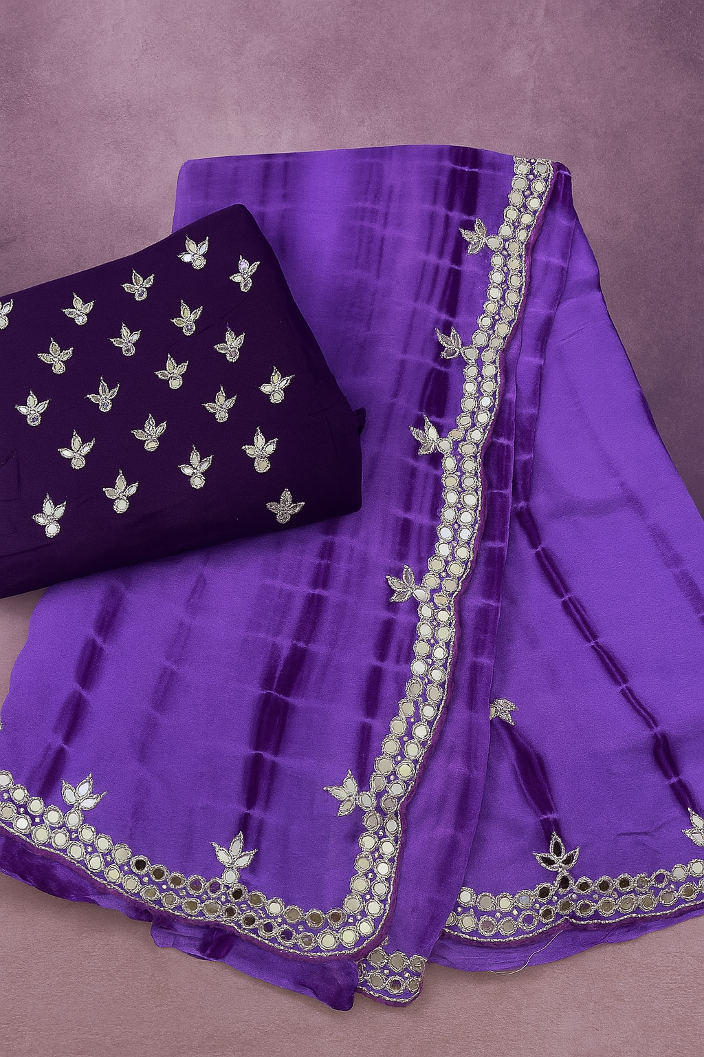 Vibrant Orange &amp;amp; Green Bandhej Mirror Work Saree