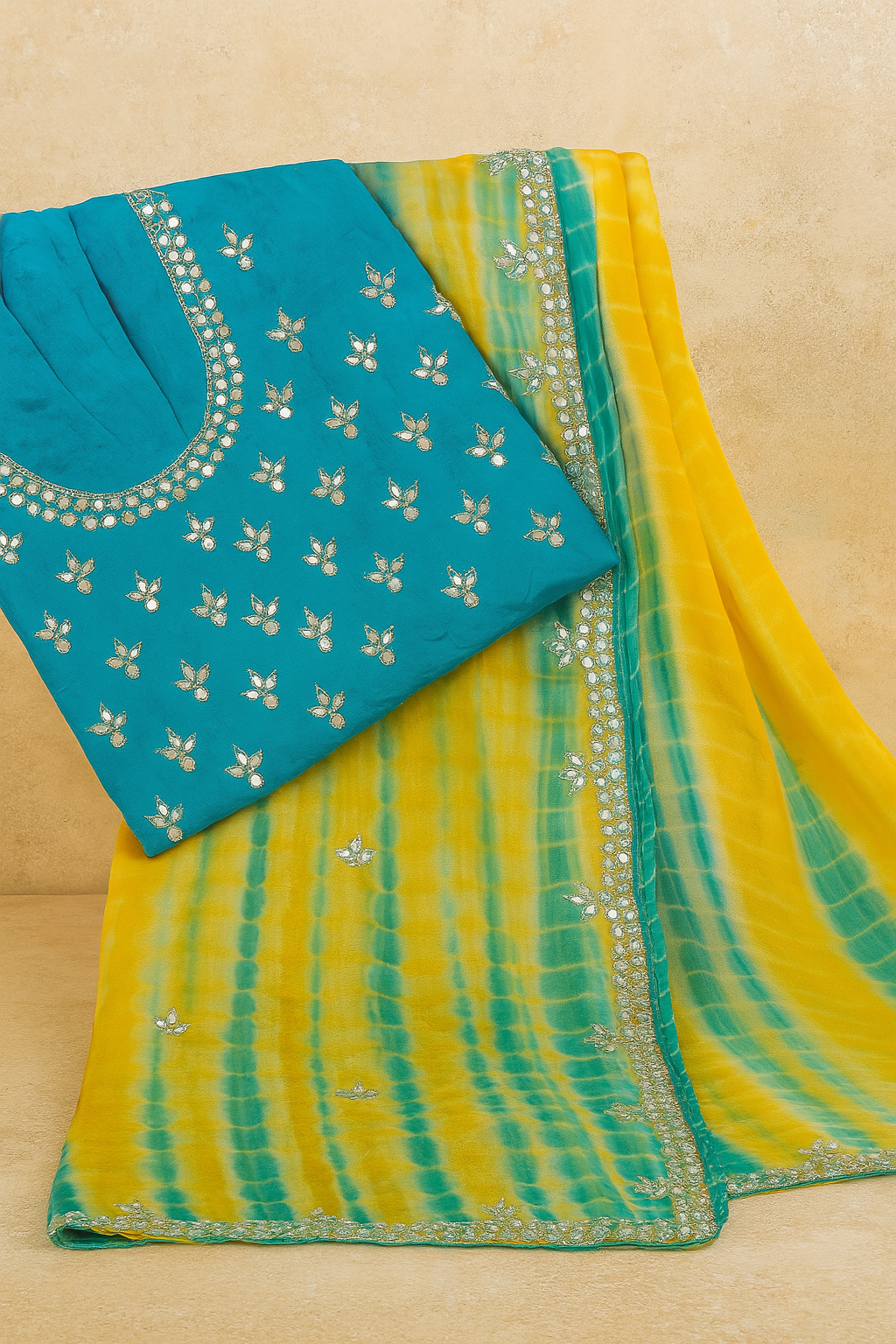 Vibrant Orange &amp;amp; Green Bandhej Mirror Work Saree image 3