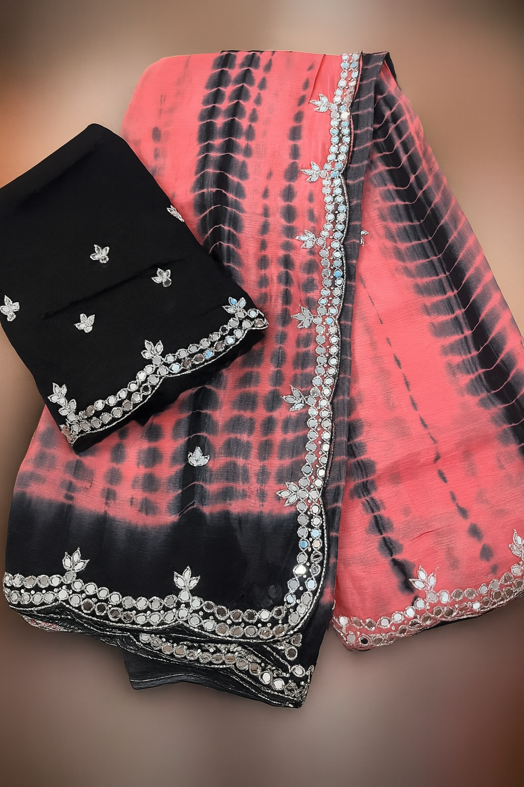 Vibrant Orange &amp;amp; Green Bandhej Mirror Work Saree image 4