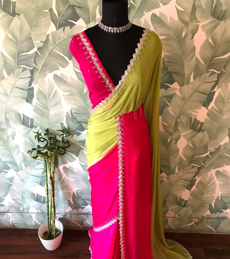 Lime &amp; Rani Pink Dual-Tone Designer Saree with Mirror Lace