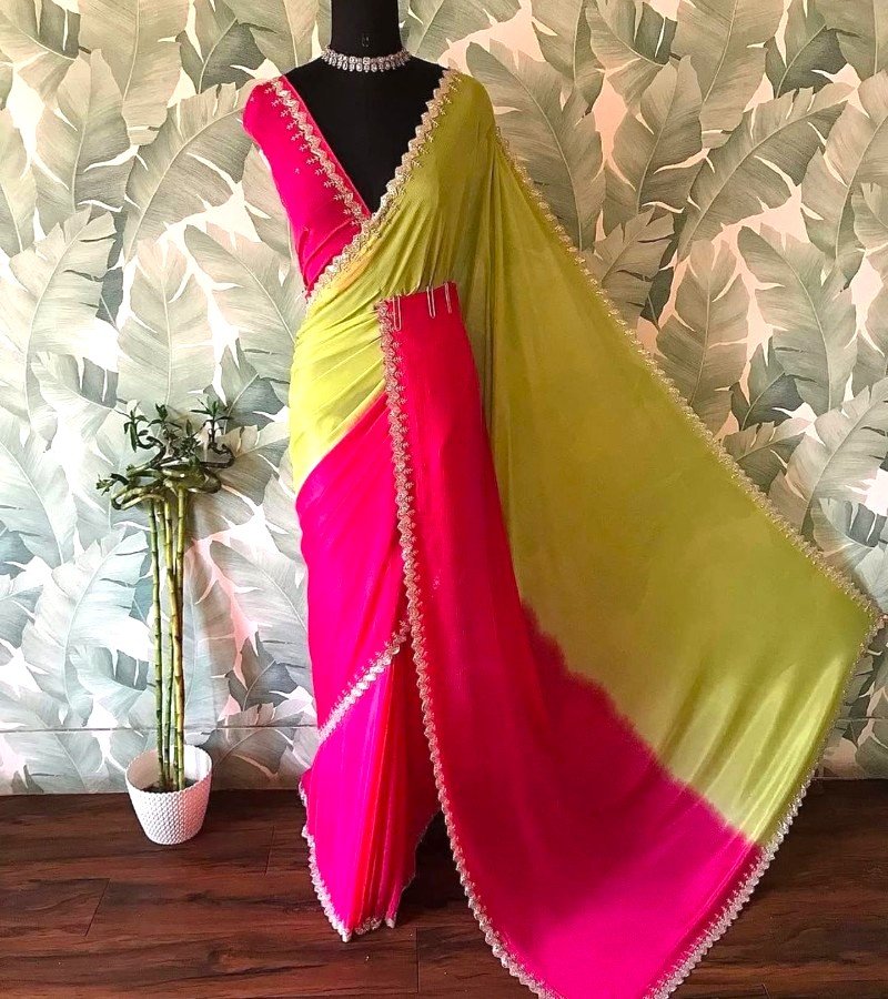Lime &amp; Rani Pink Dual-Tone Designer Saree with Mirror Lace