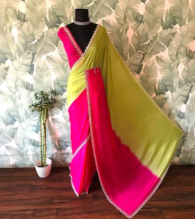Lime &amp; Rani Pink Dual-Tone Designer Saree with Mirror Lace image 4