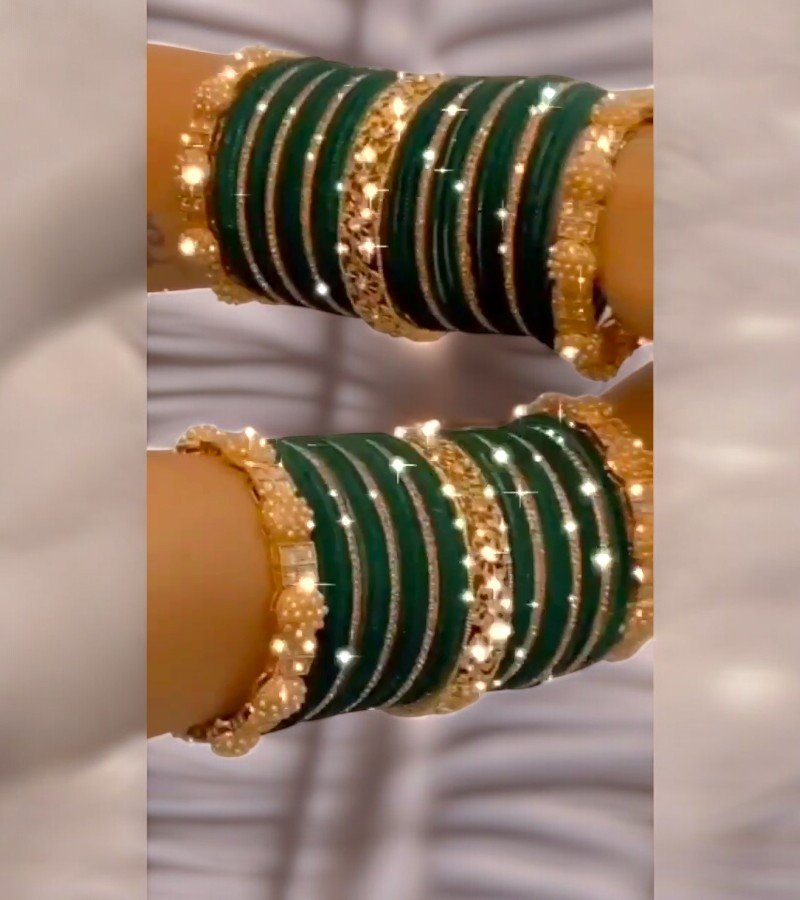 Emerald Glow Bridal Chooda Set with Golden Cutwork image 4