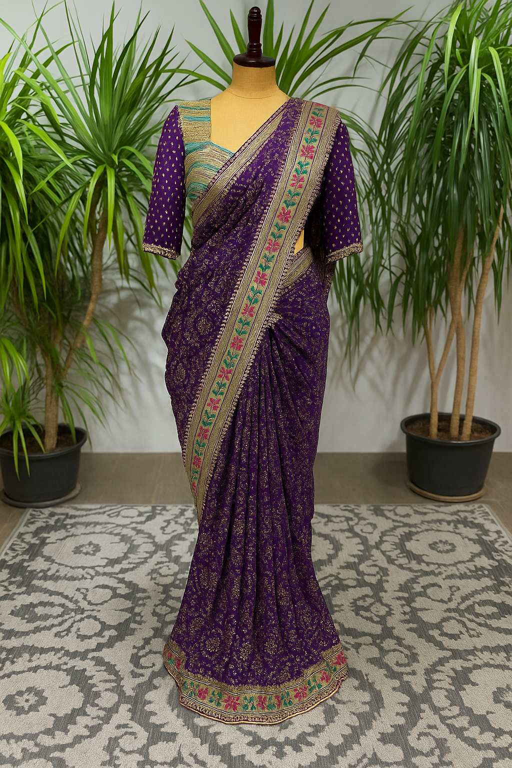 Royal Violet Banarasi Art Silk Saree with Floral Zari Border